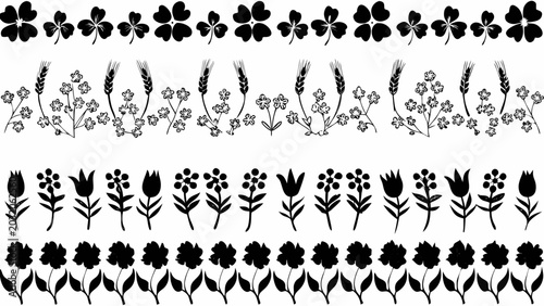 Foto Floral ornament featuring black silhouettes of clovers wheat tulips and wildflow