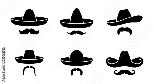 Mexican Sombrero Hats and Mustaches Icons, Cinco de Mayo Fiesta Vector Set