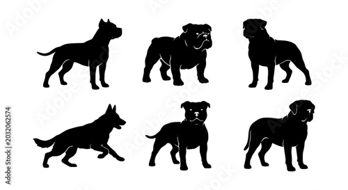 Dog Silhouettes Collection: Pitbull, Bulldog, Rottweiler, German Shepherd, Canine Icons