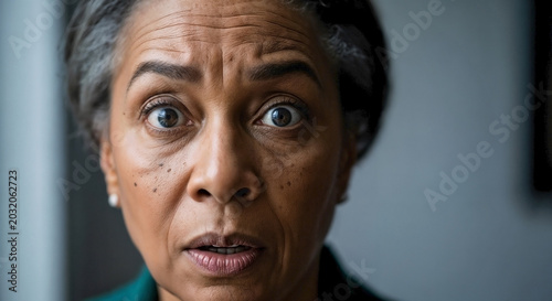 Surprised woman, an older Black female, wide eyes, furrowed brow showing astonishment. Image provides authentic emotional content for media, social campaigns, or storytelling about surprised woman.