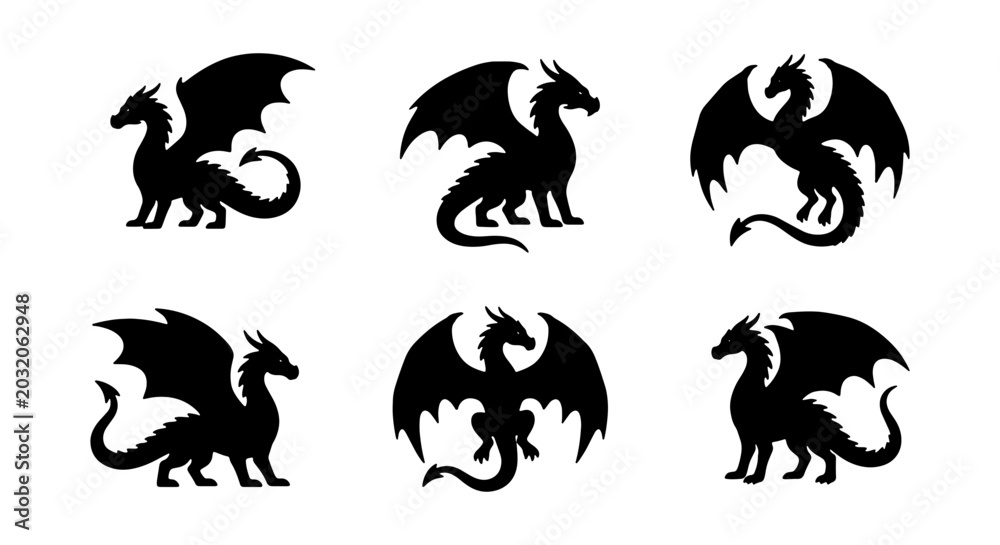 Obraz premium Mythical Dragon Silhouettes, Fantasy Creature Icons, Vector Art Collection