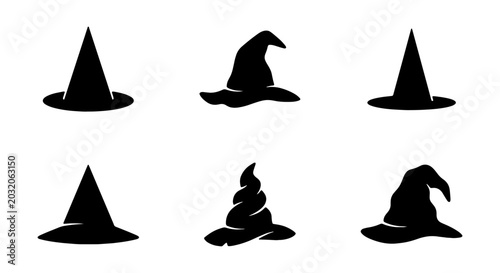 Bild auf Leinwand Witch Hats Vector Icons, Spooky Halloween Magic Headwear Collection, Black Silho