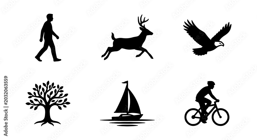 Fototapeta premium Silhouette Icons: Walker, Deer, Eagle, Tree, Sailboat, Cyclist, Nature & Activity