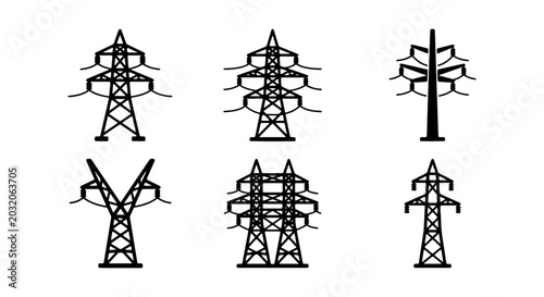Bild auf Leinwand Electricity Pylons, Power Lines, Transmission Towers Set: Industrial Energy Infr