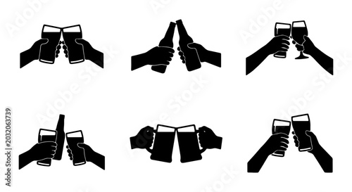 Obraz na płótnie Cheers Icons: Clinking Beer Glasses & Bottles, Celebration Vector Set