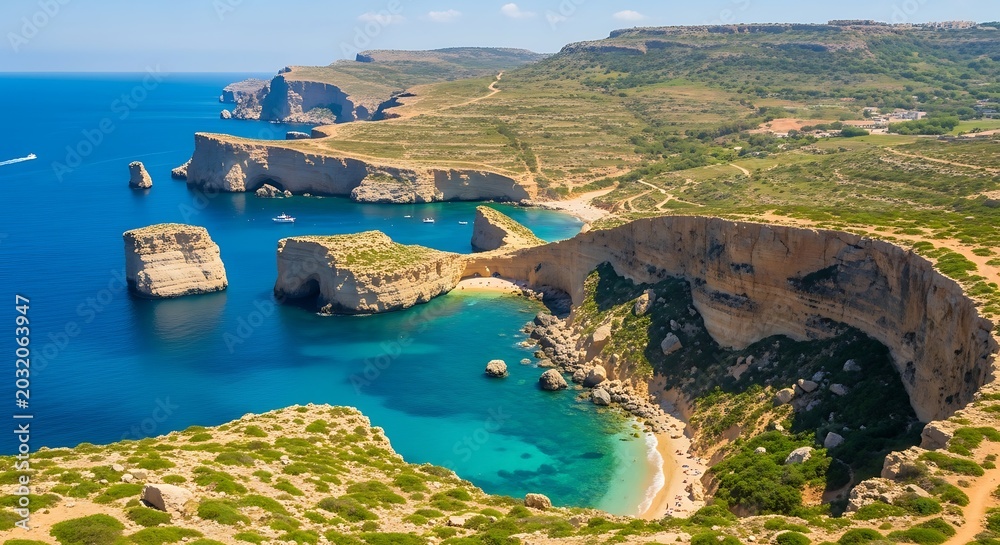 Naklejka premium Rugged coastal cliffs frame a secluded cove with azure waters