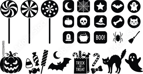 Photos Black Halloween icons collection with pumpkin, ghost, bat, cat and candies, vector