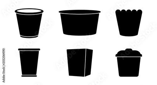 Photos Black Silhouette Containers Set: Cups, Buckets, Bins, Tubs, Trash Cans, Vector I