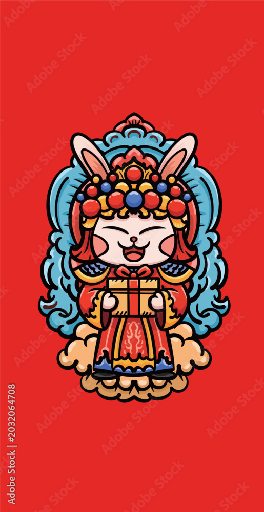 Fototapeta premium Hand-Drawn Cartoon Illustration Assets: Traditional Cultural Rabbit Deities 