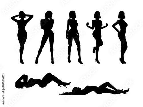 Sexy short-haired woman silhouette vector set in standing and lying poses.