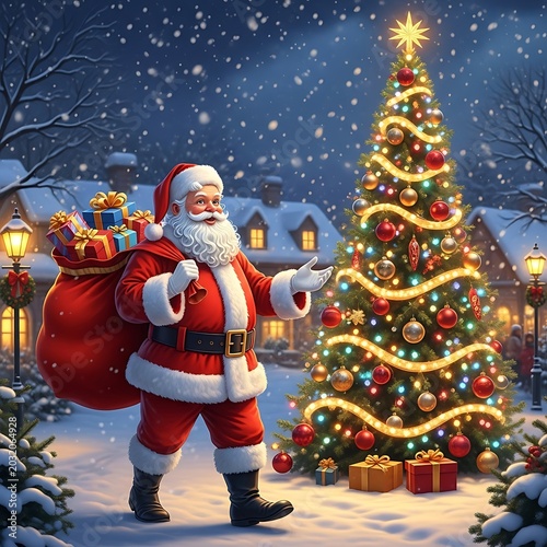 Santa Claus with sack of gifts walks past a decorated Christmas tree in snowy village
