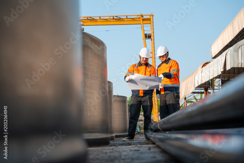 Asian construction engineer and supervisor checking blueprint for heavy steel pipeline material inspection. Commercial industrial infrastructure project and logistics supply chain management.