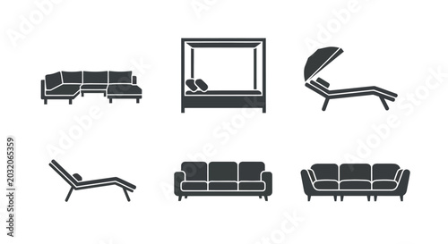 Fotografie Furniture Silhouettes On White Background Modern Couch And Bed Designs