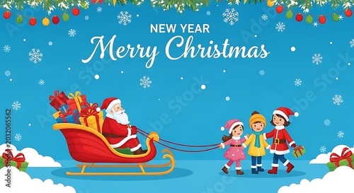 Santa with gifts and children in snowy festive scene, celebrating Christmas and New Year