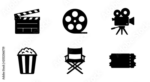 Tableau sur toile Cinema Icons Set: Clapperboard, Film Reel, Camera, Popcorn, Director Chair, Tick