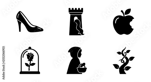 Cuadro en lienzo Fairy Tale Icons: Glass Slipper, Tower, Apple, Rose, Girl, Beans Vector Set
