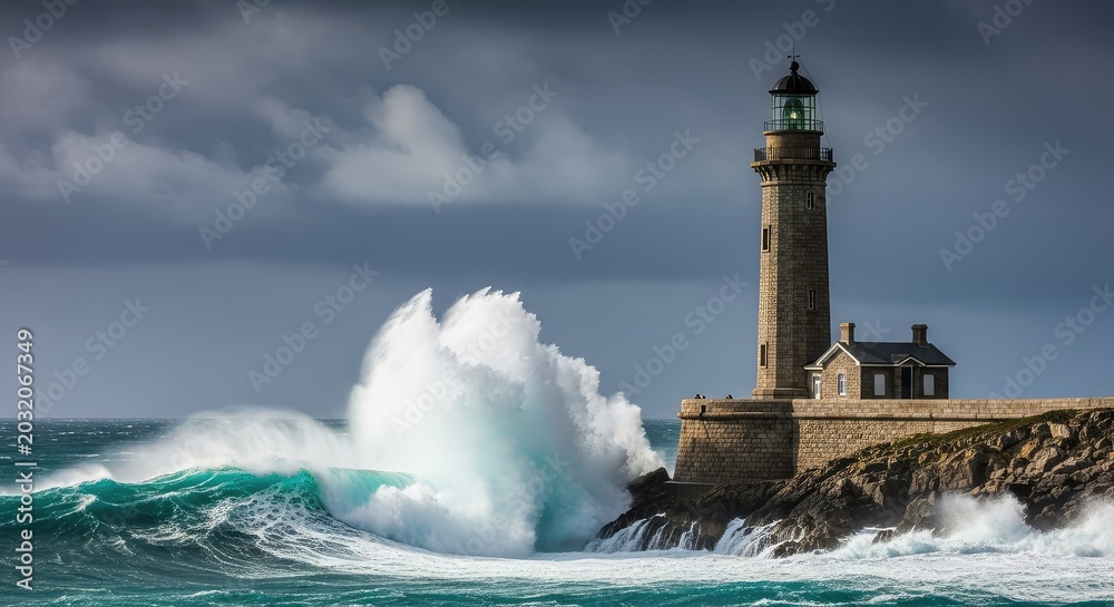 Obraz premium A majestic stone lighthouse braves a powerful storm as giant turquoise waves crash against the rugged cliffs under a dark, moody sky, crashing, coast, nautical