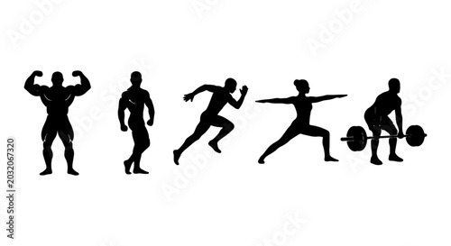 Fotografie Fitness Silhouette Icons: Weightlifting, Running, Yoga, Bodybuilding, Athlete Po