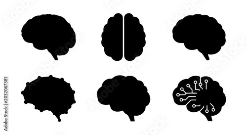 Photos Brain Icons Set, Silhouette Human Mind, Neural Network, Medical Science Vector G