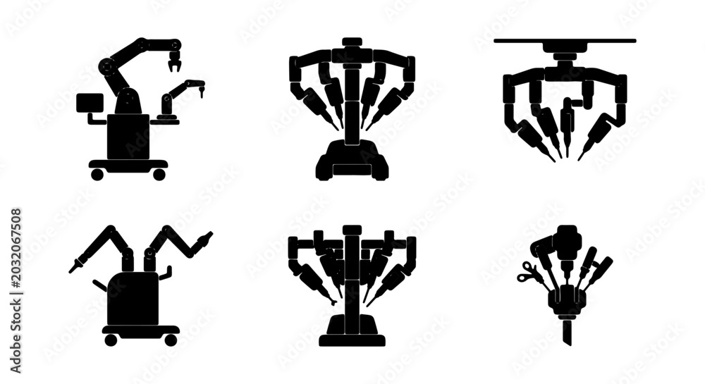 Fototapeta premium Robotic surgery vector icon set, medical automation technology, futuristic healthcare equipment
