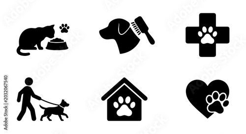 Canvastavla Pet care vector icons, animal welfare symbols, dog walking, cat feeding, veterin
