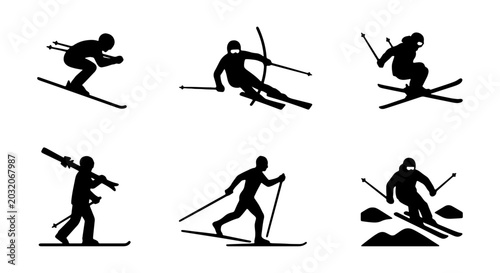 Bild auf Leinwand Skiing Silhouette Icons: Winter Sports Action, Alpine Descent, Nordic Skiing, Sn
