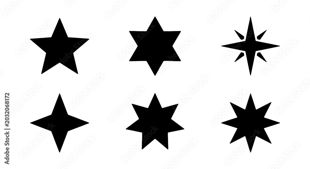 Obraz premium Star Shapes Vector Collection, Black Geometric Starburst Icons, Celestial Design Elements