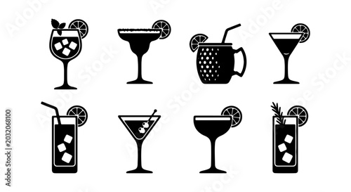 Εκτύπωση καμβά Cocktail icons, refreshing summer drinks, alcoholic beverages, bar menu vector s