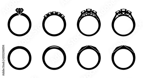 Bild auf Leinwand Diamond Ring Vector Set, Elegant Jewelry Icons, Wedding and Engagement Rings Col