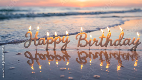 Lit birthday candles spelling Happy Birthday on a sandy beach at sunset symbolizing celebration joy and relaxation