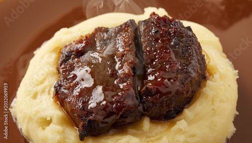 Close-up of succulent beef short ribs, elegantly glazed, atop smooth mashed potatoes, forming a tempting dish. brown backdrop. overhead view.