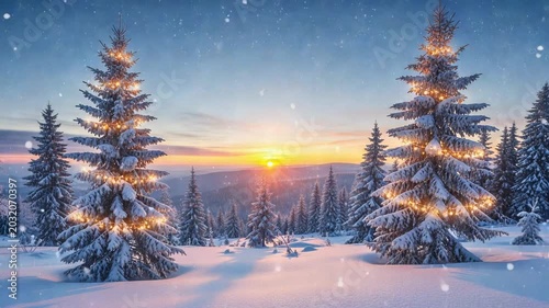 Magical winter sunset with festive decorated christmas trees and snow