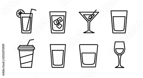Set of six cocktail and drink glass icons in black and white line art style