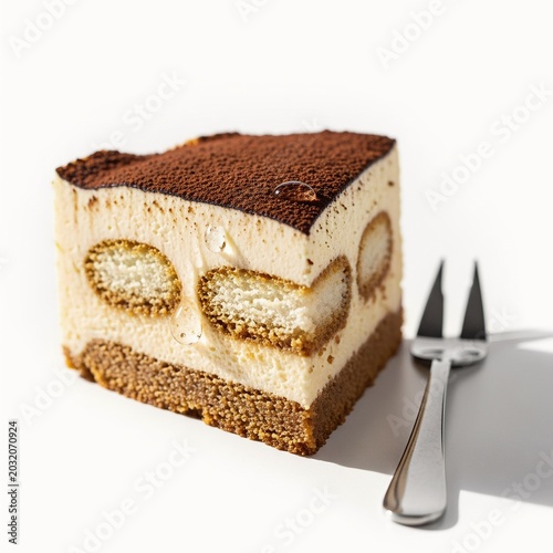 Delicious slice of tiramisu cake with a fork on white background.