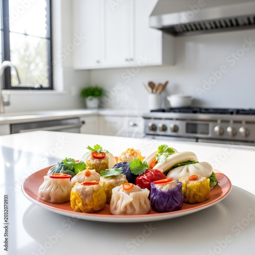 Assorted colorful dim sum dumplings on a plate in a modern kitchen.