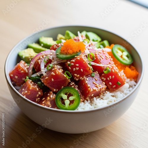Fresh tuna poke bowl with avocado and jalapeno on a wooden table.
