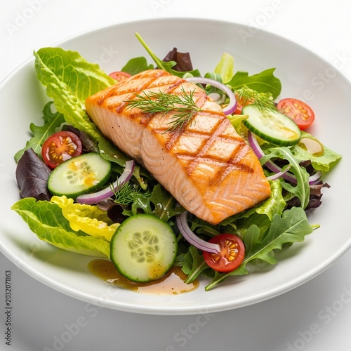 Grilled salmon salad with fresh vegetables in a white bowl.
