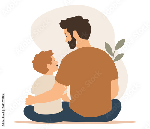 Fotografie A flat vector illustration of a bearded father sitting on the floor and embracing his young son, who is looking up at him with a smile, symbolizing love