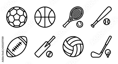 Sports Icons Set: Soccer, Basketball, Tennis, Baseball, Rugby, Cricket, Volleyball, Golf Equipment