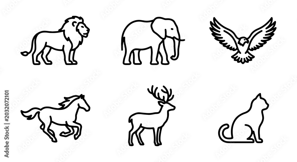 Fototapeta premium Minimalist Animal Icons Set: Lion, Elephant, Eagle, Horse, Deer, Cat, Vector Graphics