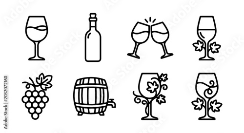 Wine Icons Set: Glasses, Bottle, Barrel, Grapes, Toasting Celebration Vector Graphics
