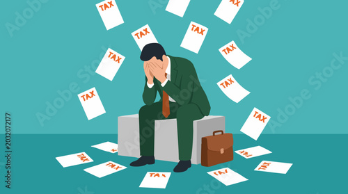 Fotografie Businessman Overwhelmed by Tax Stress and Financial Burden