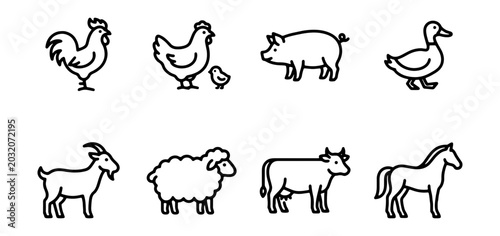 Tableau sur toile Farm Animal Icons Set: Rooster, Hen, Chick, Pig, Duck, Goat, Sheep, Cow, Horse