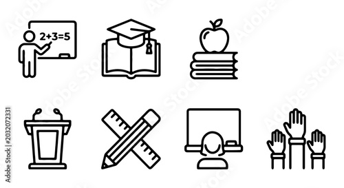 Education Icons Set: Learning, Knowledge, Teaching, School, Study, Academic Symbols