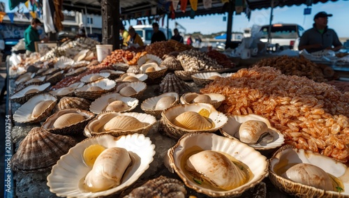 Bay scallops in shells, cleaned, from Normandy or Brittany fish market.