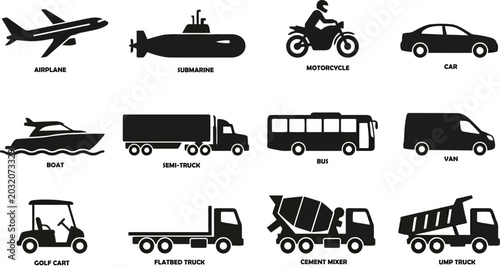 Collection of black and white transportation icons
