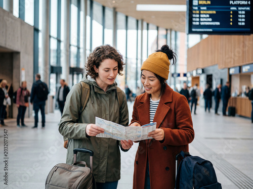 Two Female Travelers Consult a Map at the Airport.