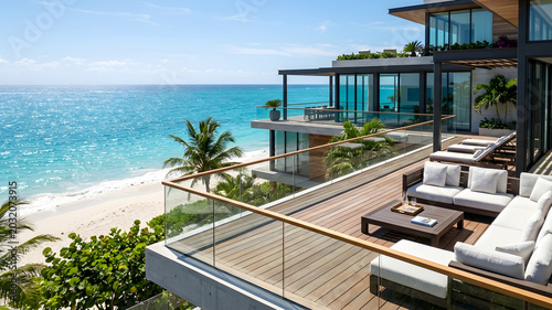 Luxury beach house with a rooftop terrace offering panoramic views of the sparkling ocean beachfront