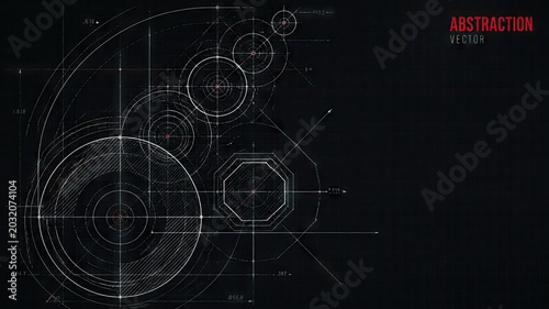 A technical engineering draft on a black grid background, showcasing precise geometric lines, concentric circles, and a hexagon, labeled with the word 