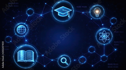 A futuristic, dark blue digital interface background featuring glowing icons related to education and science (graduation cap, lightbulb, atom, book, magnifying glass) connected by a network of lines 